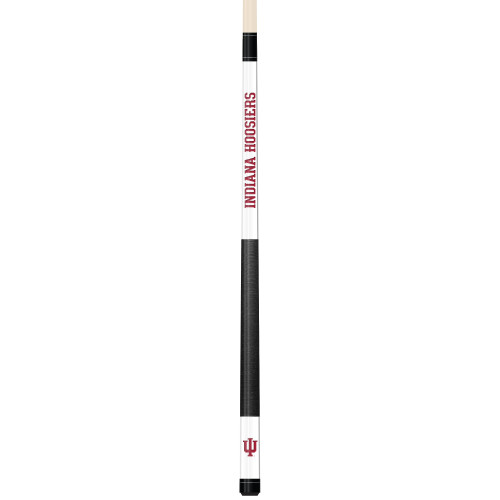 Full-length vertical product view of the Indiana Hoosiers 19oz White Laser Etched 58-inch Cue on a white background, highlighting the white team-branded section, crimson Indiana graphics, black grip, and natural wood-colored shaft.