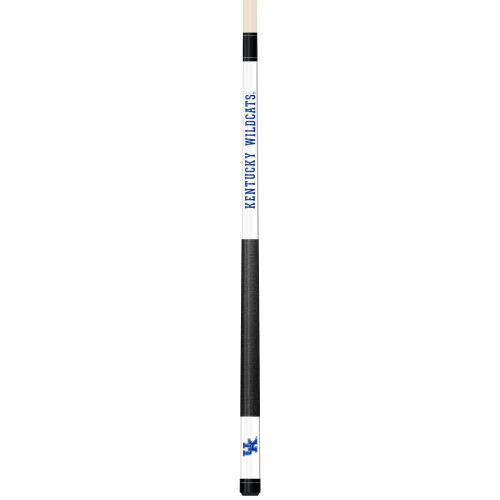 Full-length vertical product view of the Kentucky Wildcats 19oz White Laser Etched 58-inch Cue on a white background, highlighting the white team-branded section, blue Kentucky graphics, black grip, and natural wood-colored shaft.