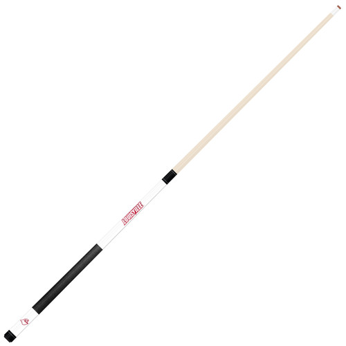 Angled full-length view of the Louisville Cardinals white laser-etched billiard cue, showcasing the natural wood-colored shaft, red-and-black team branding, white design section, and contrasting black grip.