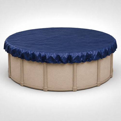 15' round above-ground pool shown with a dark navy winter pool cover installed, displayed on a clean white background to clearly show the overall fit and appearance of the cover.