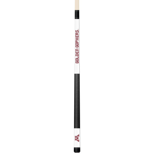 Full-length vertical product view of the Minnesota Golden Gophers 19oz White Laser Etched 58-inch Cue on a white background, highlighting the white team-branded section, maroon-and-gold Minnesota graphics, black grip, and natural wood-colored shaft.