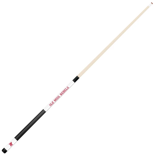 Angled full-length view of the Ole Miss Rebels white laser-etched billiard cue, showcasing the natural wood-colored shaft, red-and-blue team branding, white design section, and contrasting black grip.