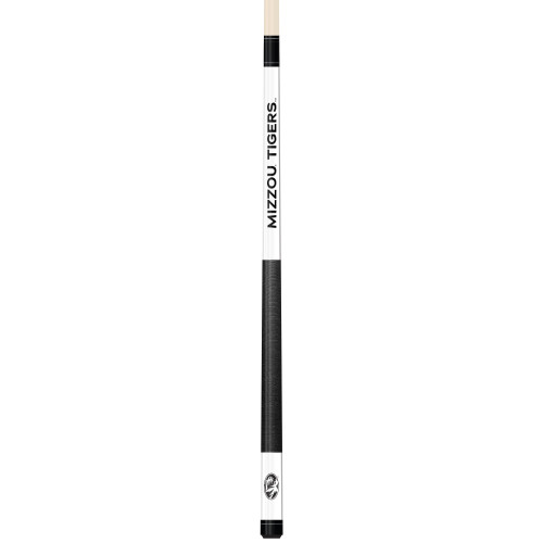 Full-length vertical product view of the Missouri Tigers 19oz White Laser Etched 58-inch Cue on a white background, highlighting the white team-branded section, black-and-gold Missouri graphics, black grip, and natural wood-colored shaft.