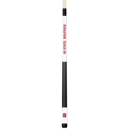 Full-length vertical product view of the North Carolina State Wolfpack 19oz White Laser Etched 58-inch Cue on a white background, highlighting the white team-branded section, red-and-black NC State graphics, black grip, and natural wood-colored shaft.