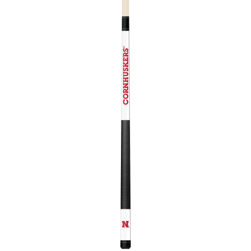 Full-length vertical product view of the Nebraska Cornhuskers 19oz White Laser Etched 58-inch Cue on a white background, highlighting the white team-branded section, red Nebraska graphics, black grip, and natural wood-colored shaft.
