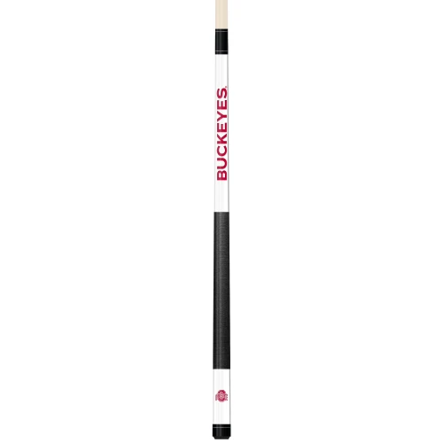 Full-length vertical product view of the Ohio State Buckeyes 19oz White Laser Etched 58-inch Cue on a white background, highlighting the white team-branded section, scarlet-and-gray Ohio State graphics, black grip, and natural wood-colored shaft.