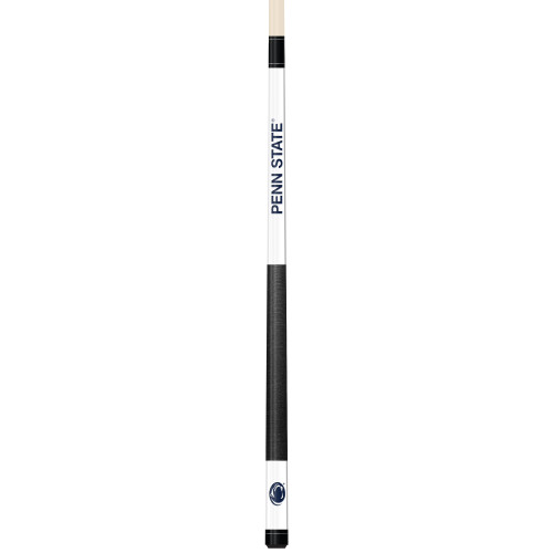 Full-length vertical product view of the Penn State Nittany Lions 19oz White Laser Etched 58-inch Cue on a white background, highlighting the white team-branded section, navy blue Penn State graphics, black grip, and natural wood-colored shaft.