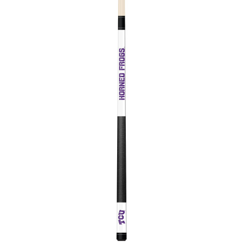 Full-length vertical product view of the TCU Horned Frogs 19oz White Laser Etched 58-inch Cue on a white background, highlighting the white team-branded section, purple TCU graphics, black grip, and natural wood-colored shaft.