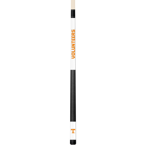 Full-length vertical product view of the Tennessee Volunteers 19oz White Laser Etched 58-inch Cue on a white background, highlighting the white team-branded section, orange Tennessee graphics, black grip, and natural wood-colored shaft.