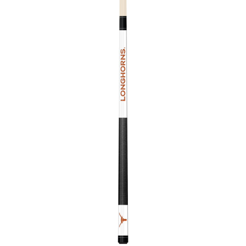 Full-length vertical product view of the Texas Longhorns 19oz White Laser Etched 58-inch Cue on a white background, highlighting the white team-branded section, burnt orange Texas graphics, black grip, and natural wood-colored shaft.