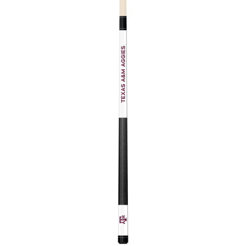 Full-length vertical product view of the Texas A&M Aggies 19oz White Laser Etched 58-inch Cue on a white background, highlighting the white team-branded section, maroon Texas A&M graphics, black grip, and natural wood-colored shaft.