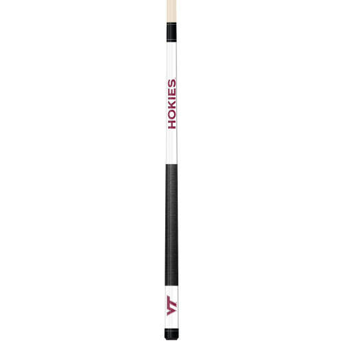 Full-length vertical product view of the Virginia Tech Hokies 19oz White Laser Etched 58-inch Cue on a white background, highlighting the white team-branded section, maroon-and-orange Virginia Tech graphics, black grip, and natural wood-colored shaft.
