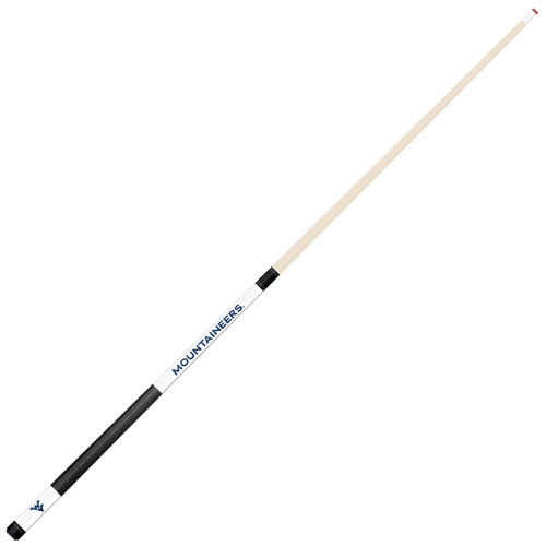 Angled full-length view of the West Virginia Mountaineers white laser-etched billiard cue, showcasing the natural wood-colored shaft, blue-and-gold team branding, white design section, and contrasting black grip.