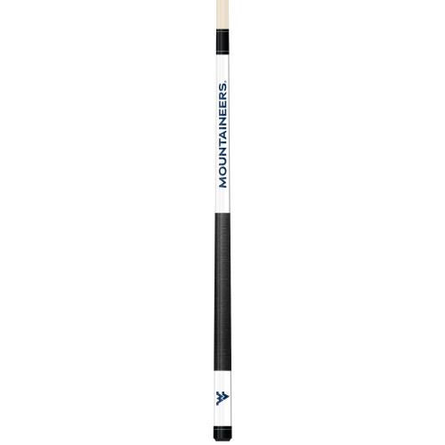 Full-length vertical product view of the West Virginia Mountaineers 19oz White Laser Etched 58-inch Cue on a white background, highlighting the white team-branded section, blue-and-gold West Virginia graphics, black grip, and natural wood-colored shaft.