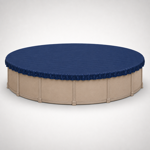 27'/28' round above-ground pool shown with a navy blue winter pool cover installed for seasonal protection.