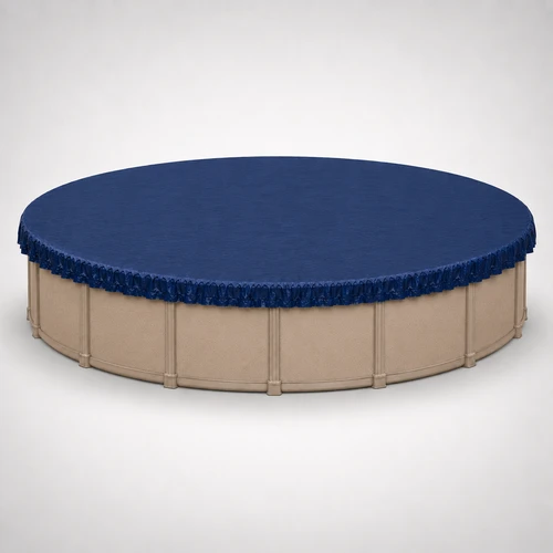 30' round above-ground swimming pool with a blue winter pool cover installed, showing the full fitted cover and protective overlap around the pool walls.