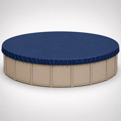 33' round above-ground swimming pool with a navy blue winter pool cover installed, showing full coverage and protective overlap around the pool wall.