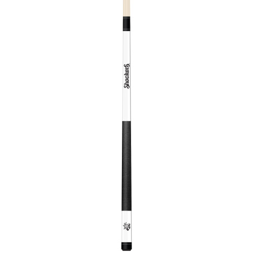 Full-length front view of the Wichita State Shockers 19oz White Laser Etched 58" Cue, showing its white shaft, team-branded design, black grip section, and two-piece billiard cue construction.