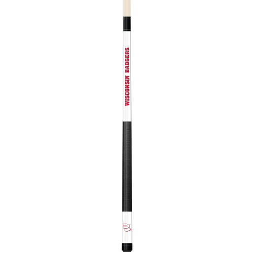 Full-length vertical view of the Wisconsin Badgers 19oz White Laser Etched 58" Cue, showing its white finish, red team graphics, black grip section, and two-piece construction.
