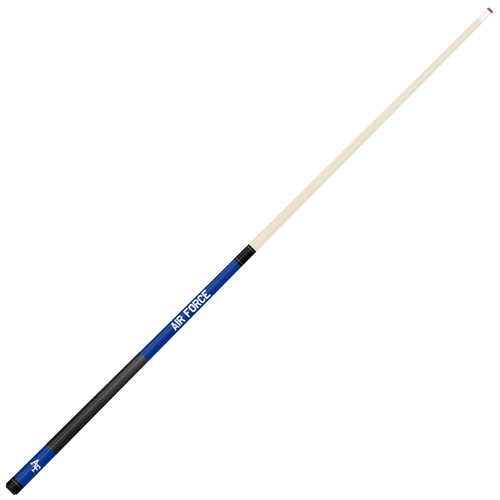 Angled full-length view of the Air Force Falcons 19oz Team Color Laser Etched 58" Cue, highlighting its natural-colored shaft, blue team graphics, black grip, and two-piece construction.