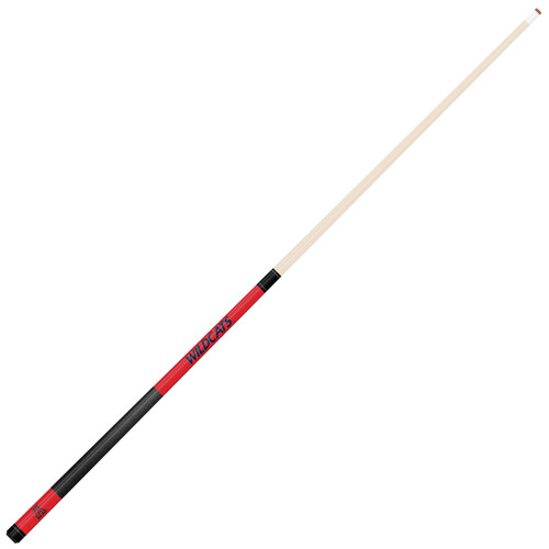 Angled full-length view of the Arizona Wildcats 19oz Team Color Laser Etched 58" Cue, highlighting its natural-colored shaft, red and blue team graphics, black grip, and two-piece construction.