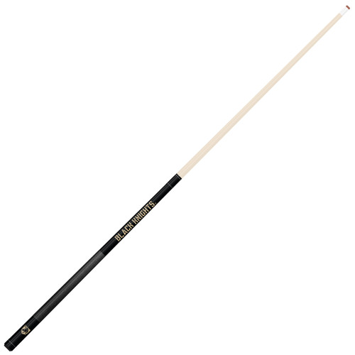 Angled full-length view of the Army Black Knights 19oz Team Color Laser Etched 58" Cue, highlighting its natural-colored shaft, black and gold team design, and two-piece construction.