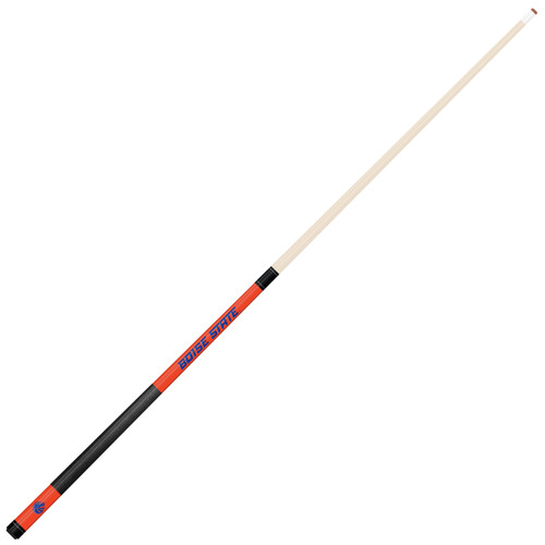 Angled full-length view of the Boise State Broncos 19oz Team Color Laser Etched 58" Cue, highlighting its natural-colored shaft, blue and orange accents, black grip, and two-piece construction.