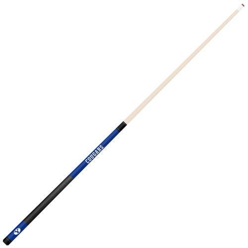 Angled full-length view of the BYU Cougars 19oz Team Color Laser Etched 58" Cue, highlighting its natural-colored shaft, royal blue accents, black grip, and two-piece construction.