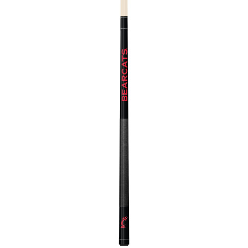 Vertical product view of the Cincinnati Bearcats 19oz Team Color Laser Etched 58" Cue, showing its black finish, red team-color detailing, and laser-etched Cincinnati graphics.