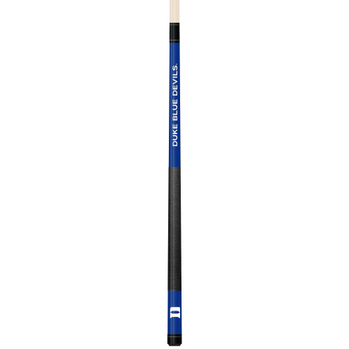 Vertical product view of the Duke Blue Devils 19oz Team Color Laser Etched 58" Cue, showing its blue team-color detailing, black grip section, and laser-etched Duke graphics.