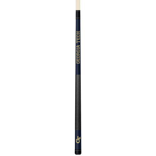 Vertical product view of the Georgia Tech Yellow Jackets 19oz Team Color Laser Etched 58" Cue, showing its dark team-color finish, gold detailing, and laser-etched Georgia Tech graphics.