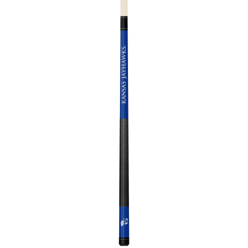 Vertical product view of the Kansas Jayhawks 19oz Team Color Laser Etched 58" Cue, showing its blue team-color detailing, dark grip section, and laser-etched Kansas graphics.