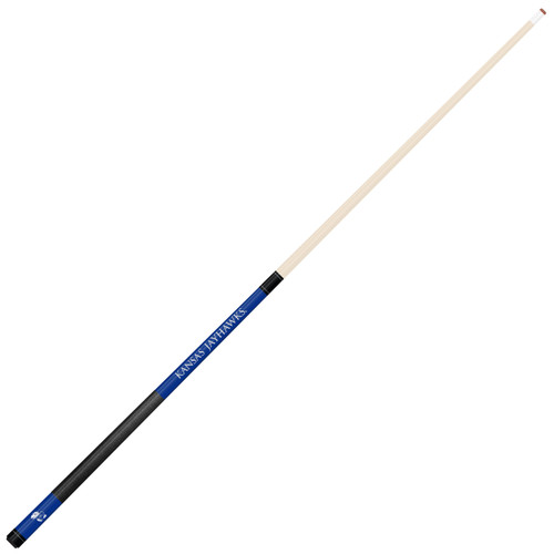 Angled full-length view of the Kansas Jayhawks 19oz Team Color Laser Etched 58" Cue, highlighting its natural-colored shaft, blue accents, dark grip, and two-piece construction.