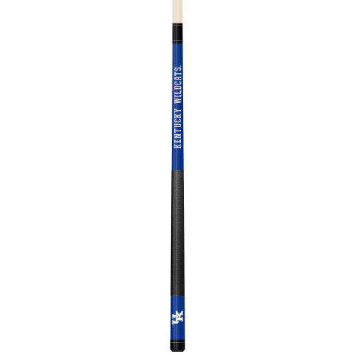 Vertical product view of the Kentucky Wildcats 19oz Team Color Laser Etched 58" Cue, showing its blue team-color detailing, black grip section, and laser-etched Kentucky graphics.