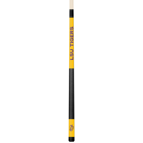 Vertical product view of the LSU Tigers 19oz Team Color Laser Etched 58" Cue, showing its purple and gold team-color detailing, dark grip section, and laser-etched LSU graphics.