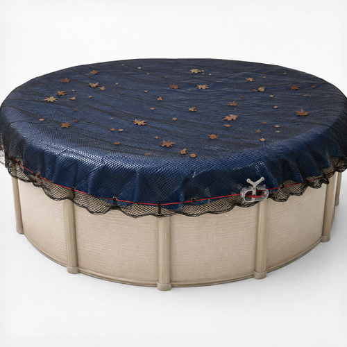 15' round above-ground pool shown with a black mesh leaf cover installed over the top, with scattered leaves resting on the net to demonstrate how it helps catch debris before it reaches the pool.
