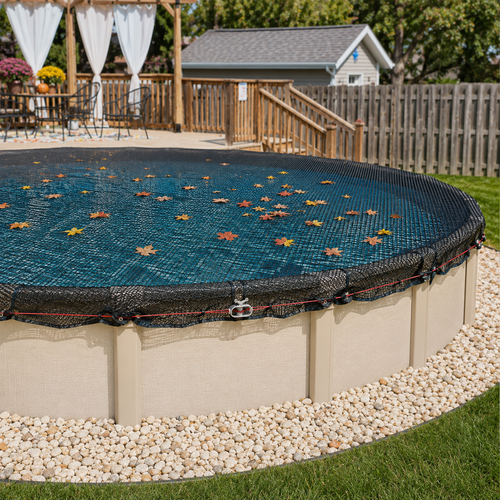 15' round above-ground pool shown with the black mesh leaf cover installed directly over the open pool water, demonstrating that the leaf net can also be used without a winter cover to help collect leaves and debris.