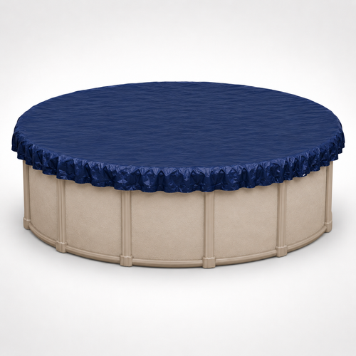 18' round above-ground winter pool cover installed on a round swimming pool, showing the durable blue cover securely positioned over the pool for seasonal protection.