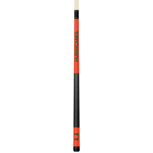 Vertical product view of the Miami Hurricanes 19oz Team Color Laser Etched 58" Cue, showing its orange and green team-color detailing, black grip section, and laser-etched Miami graphics.