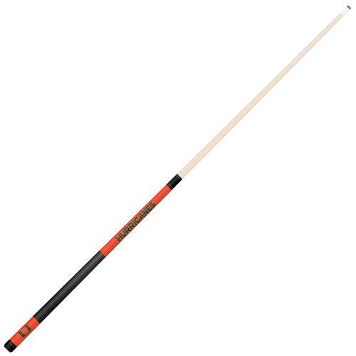 Angled full-length view of the Miami Hurricanes 19oz Team Color Laser Etched 58" Cue, highlighting its natural-colored shaft, orange and green accents, black grip, and two-piece construction.