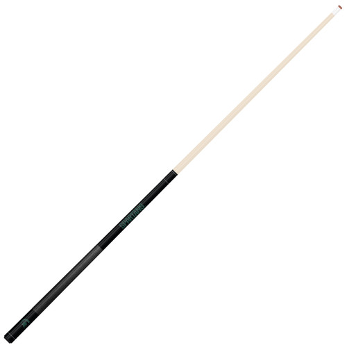 Angled full-length view of the Michigan State Spartans 19oz Team Color Laser Etched 58" Cue, highlighting its natural-colored shaft, green accents, dark grip, and two-piece construction.