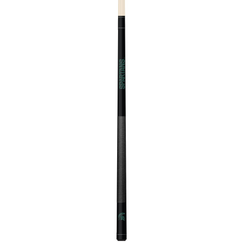 Vertical product view of the Michigan State Spartans 19oz Team Color Laser Etched 58" Cue, showing its green team-color detailing, dark grip section, and laser-etched Michigan State graphics.