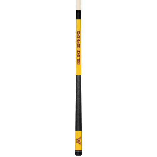 Vertical product view of the Minnesota Golden Gophers 19oz Team Color Laser Etched 58" Cue, showing its gold team-color detailing, dark grip section, and laser-etched Minnesota graphics.