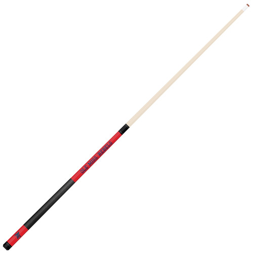 Angled full-length view of the Ole Miss Rebels 19oz Team Color Laser Etched 58" Cue, highlighting its natural-colored shaft, red accents, dark grip, and two-piece construction.