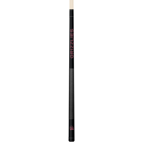 Vertical product view of the Montana Grizzlies 19oz Team Color Laser Etched 58" Cue, showing its dark team-color detailing, contrasting grip section, and laser-etched Montana graphics.