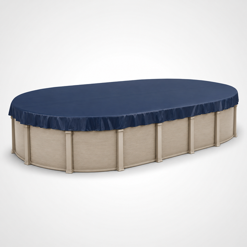 12' x 21' oval above-ground pool shown with a blue winter pool cover installed for seasonal protection.