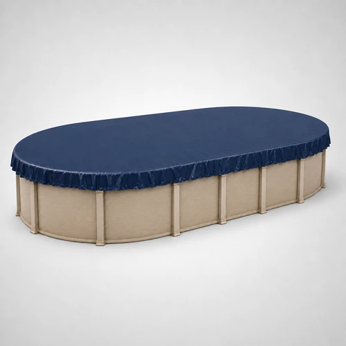12' x 24' oval above-ground swimming pool with dark blue winter pool cover installed, showing full seasonal coverage and secure fit around the pool perimeter.