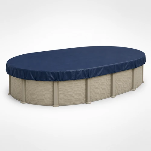 15' x 24' oval above-ground swimming pool shown with a navy blue winter pool cover installed for dependable off-season protection.