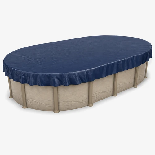 15' x 27' oval above-ground swimming pool with navy blue winter pool cover installed for seasonal protection from leaves, debris, precipitation, and winter weather.