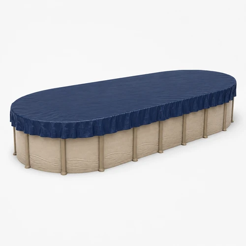 15' x 30' oval above-ground swimming pool with navy blue winter pool cover installed for seasonal protection from leaves, debris, precipitation, and winter weather.